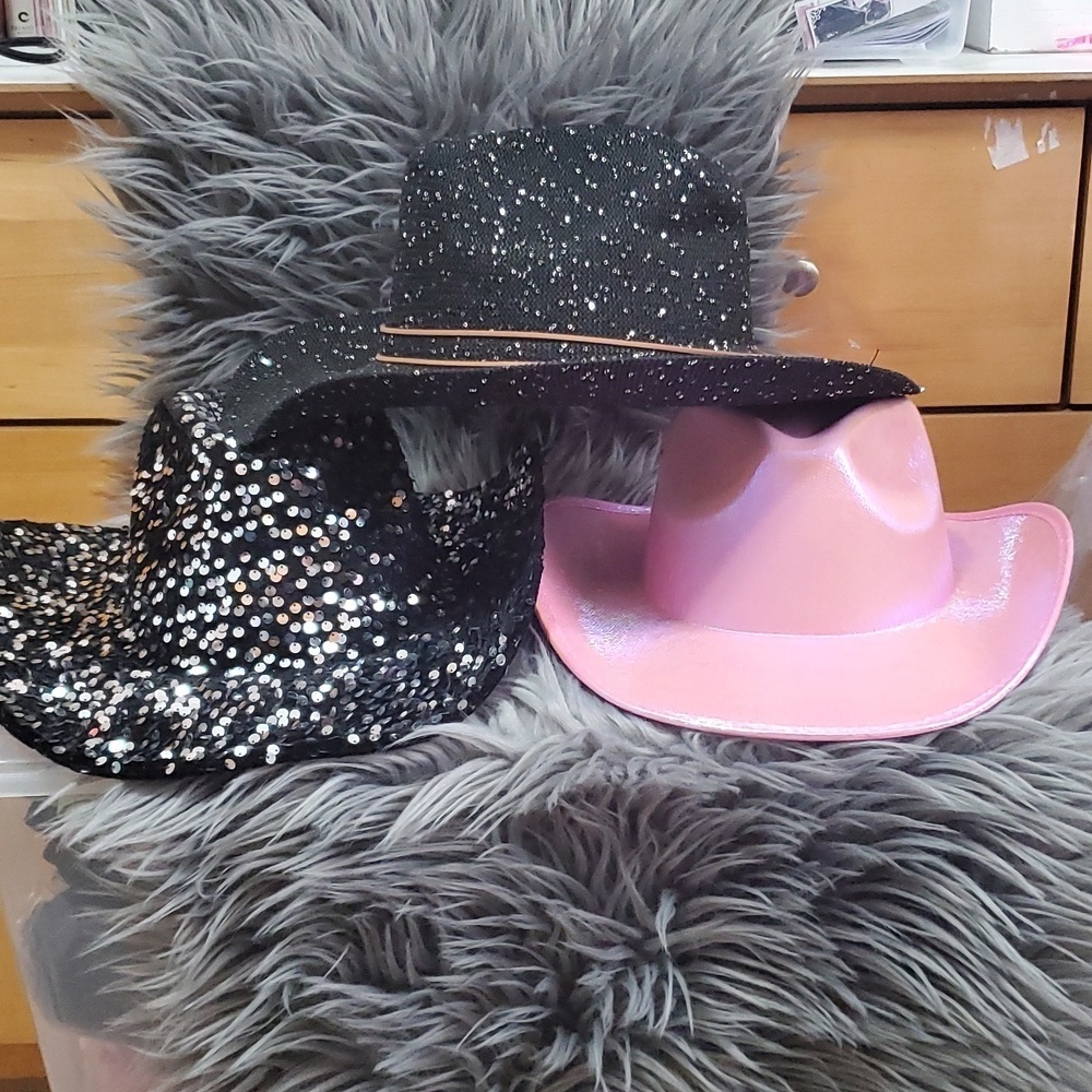 Hats pink metallic, sequin hat or tall black hat